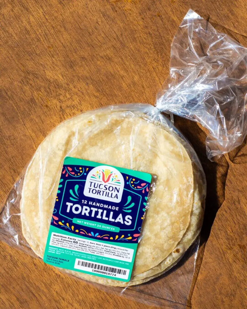 Plastic-wrapped Tucson Tortilla brand handmade tortillas